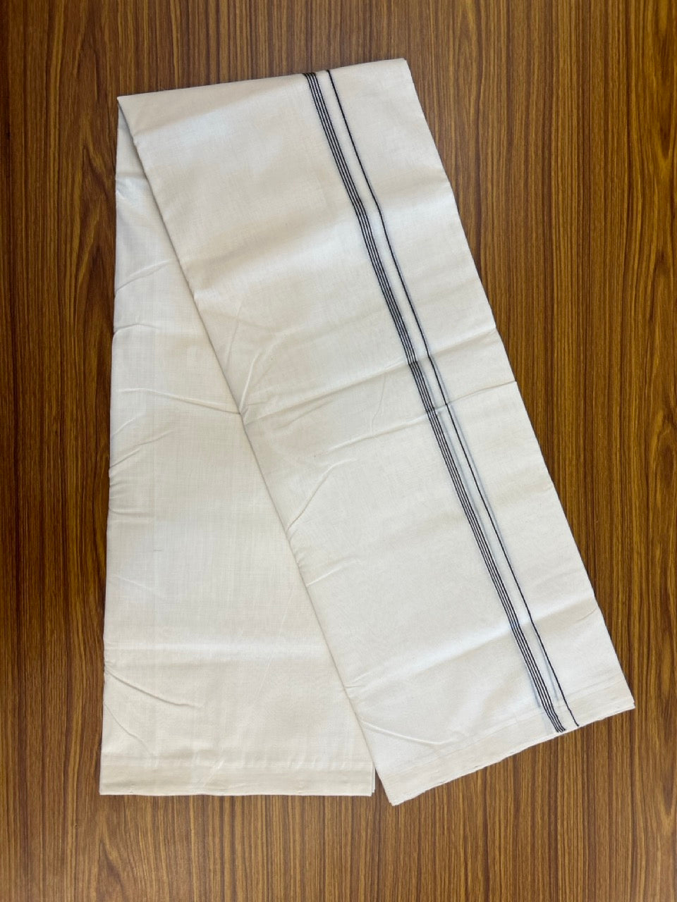 25% DISCOUNT!! KaithariKada HANDLOOM  UNAKKUPAAV Balaramapuram - 100% PURE Cotton OFF White - (Unbleached) Double Mundu/Dothi - 100 x 80 - 0.25 inch Silver Black Stripes Kara 4 meter - 40 KK5249 REA