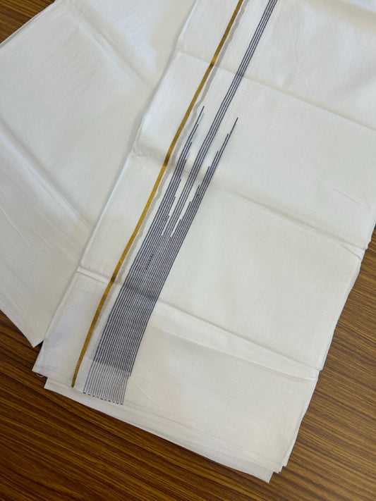 24% Discount! KaithariKada Balaramapuram 100% Cotton Pure white Double Mundu/Dhoti - (100x80)s - 1.5 inch Puliyilakkara Navy Blue Stripes Chutty Gold Kasav - 40 KK5258 THI