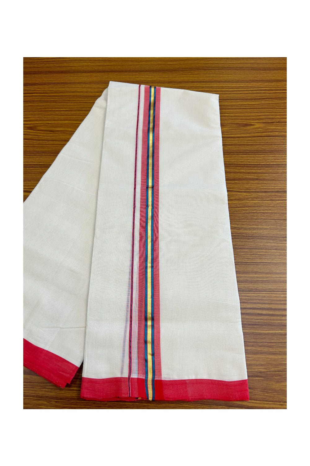 25% DISCOUNT!! KaithariKada HANDLOOM Millpaav Balaramapuram - 100% PURE Cotton OFF White - (Unbleached) Double Mundu/Dothi - 2 Inch PEACOCK BLUE GOLD KASAVU & RED Stripes Kara - 40KK5029RAM