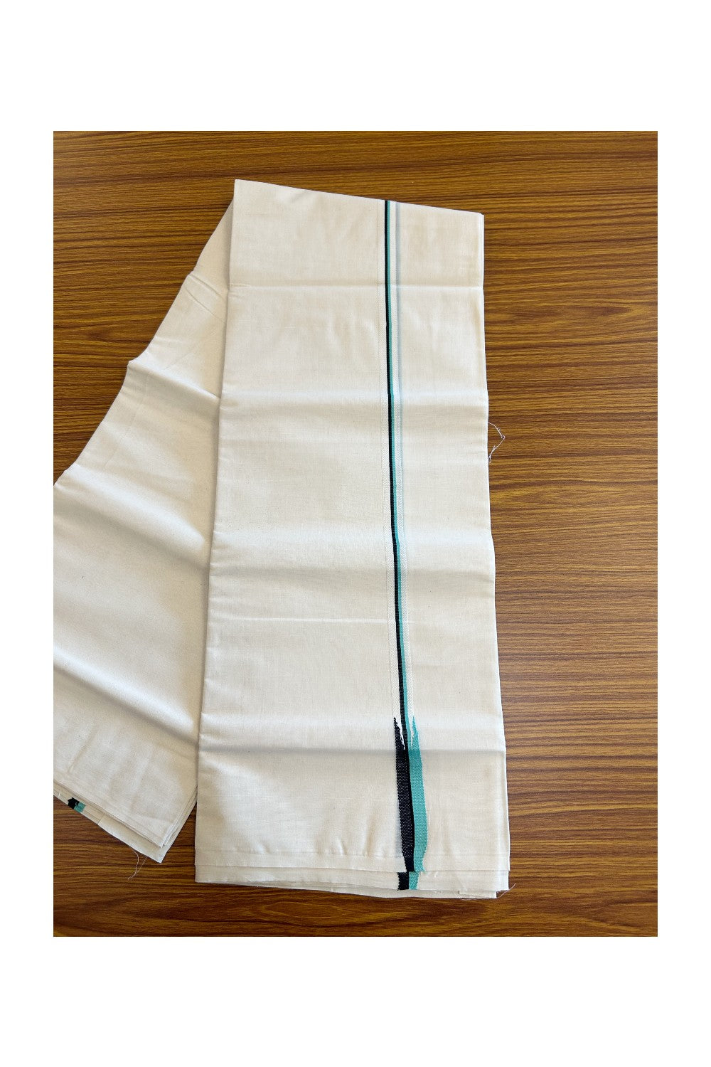 29% DISCOUNT! KaithariKada Balaramapuram 100% Cotton Double Off white - (Unbleached) Mundu/Dhoti-100x100  Puliyilakkara Turquoise Green & BLACK Chutty -  3KK125ASH