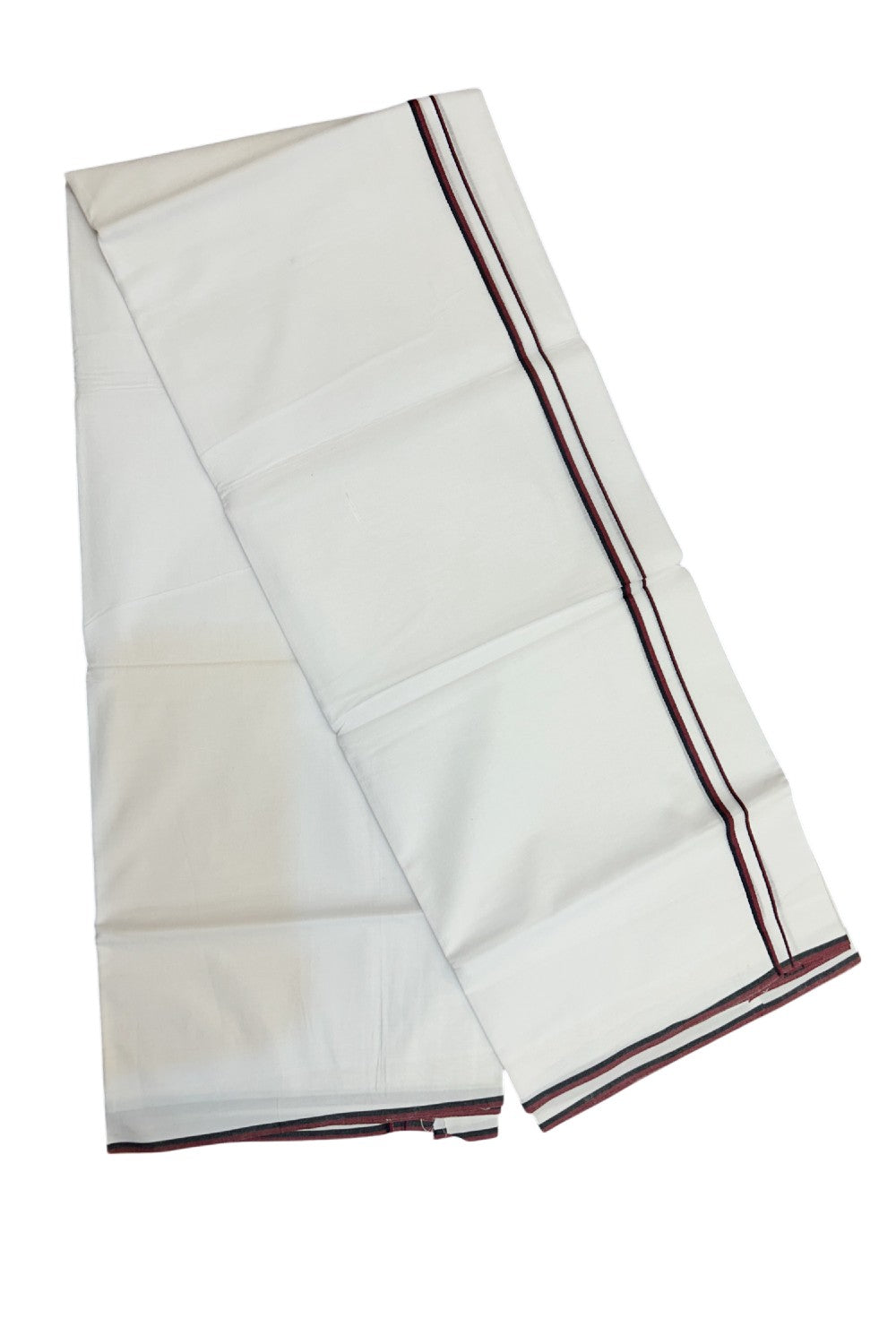 DMK Veshti - 45% DISCOUNT! KaithariKada 100% Cotton Pure white Double Mundu/Dhoti - 60s thread - 0.5 cm Black & Maroon kara - 40KK5143PMC