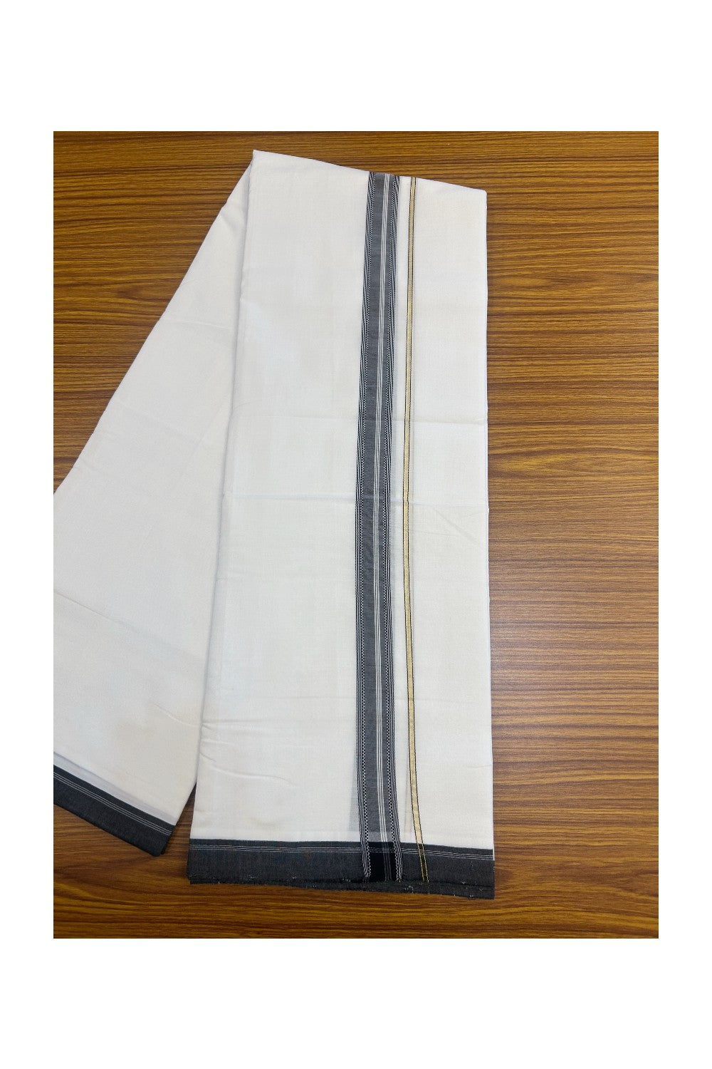 25% Discount! NEW ULTRA PURE WHITE HANDLOOM Balaramapuram - 100% Mercerised Cotton Double Mundu/Dhoti - 120(Twisted) x 80 - 3 cm Pure Kasavu Black shaded muthukuri & White stripes Kara 3.80 meter (8.5 Muzham) - 40KK5167REA