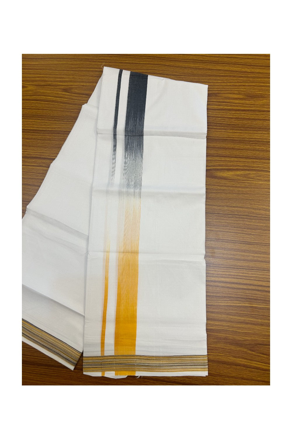 20% Discount!!! KaithariKada Balaramapuram Double PURE WHITE Mundu/Dhoti - 100X80 - 1.5 inch Black  & Orange Striped Designer Kara - 40KK5174THI