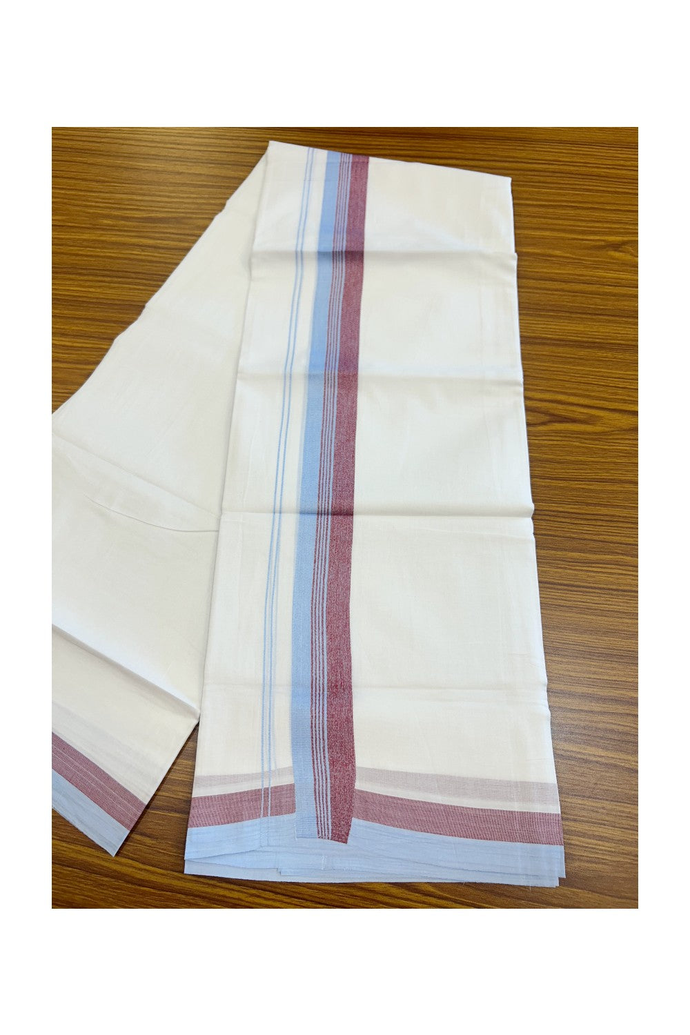 20% Discount ! Kaitharikada Balaramapuram 100% Cotton PURE WHITE Double Mundu/Dothi - 100x80 - 1.5 inch Sky Blue & Magenta Shaded Striped Kara - 40KK5182VAS