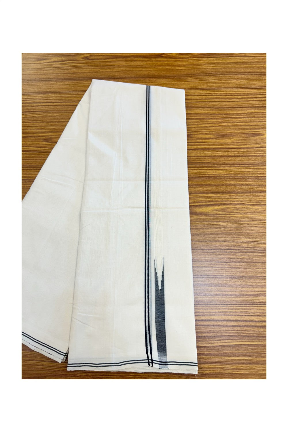 25% DISCOUNT!! KaithariKada HANDLOOM  UNAKKUPAAV Balaramapuram - 100% PURE Cotton OFF White - (Unbleached) Double Mundu/Dothi - 80X100 - 1 cm Black stripes Puliyilakkara Black chutty Kara 3.80 meter (8.5 Muzham) - 40KK5209 REA