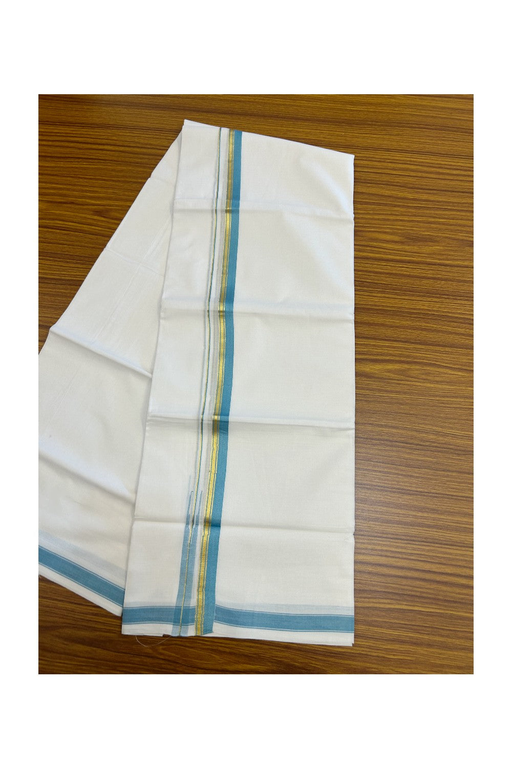 20% DISCOUNT!! Kaitharikada Balaramapuram 100% Pure Cotton PURE WHITE Double Mundu/Dothi - 100x80 - 0.75 Inch Cyan Blue & Gold Kasavu shaded Stripes Puliyilakkara Chutty - 40KK5217 CKS