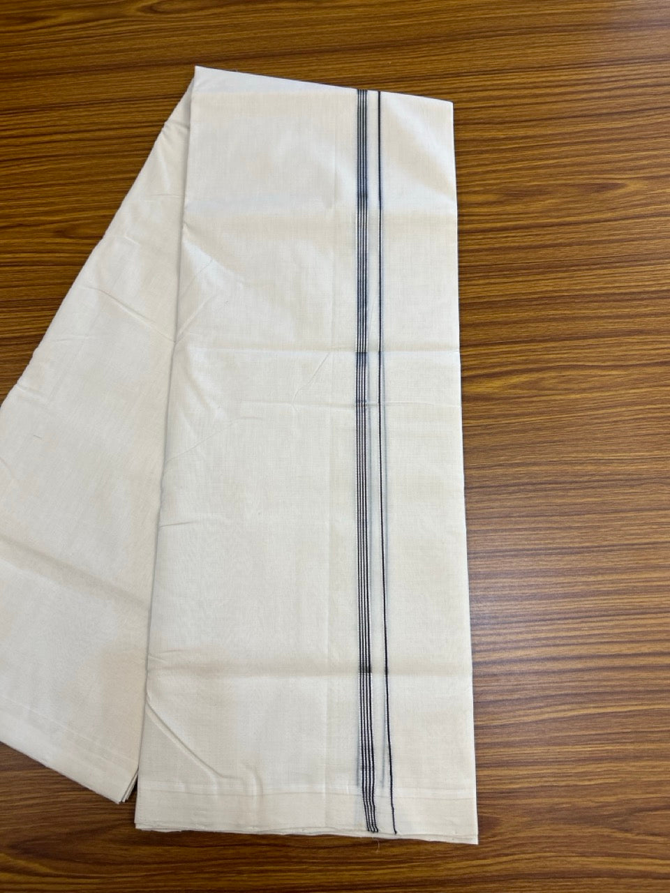 25% DISCOUNT!! KaithariKada HANDLOOM  UNAKKUPAAV Balaramapuram - 100% PURE Cotton OFF White - (Unbleached) Double Mundu/Dothi - 100 x 80 - 0.25 inch Silver Black Stripes Kara 4 meter - 40 KK5249 REA