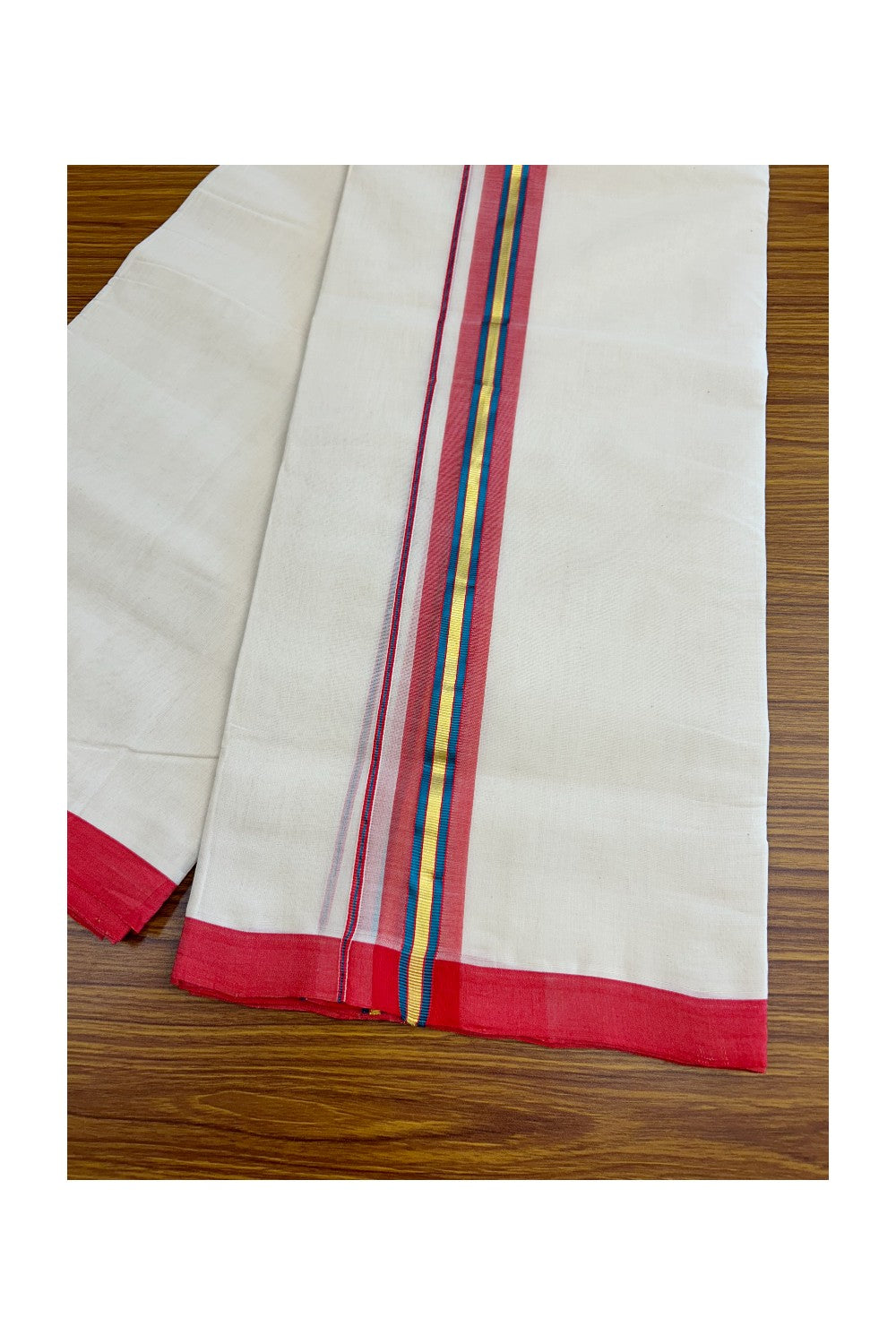25% DISCOUNT!! KaithariKada HANDLOOM Millpaav Balaramapuram - 100% PURE Cotton OFF White - (Unbleached) Double Mundu/Dothi - 2 Inch PEACOCK BLUE GOLD KASAVU & RED Stripes Kara - 40KK5029RAM