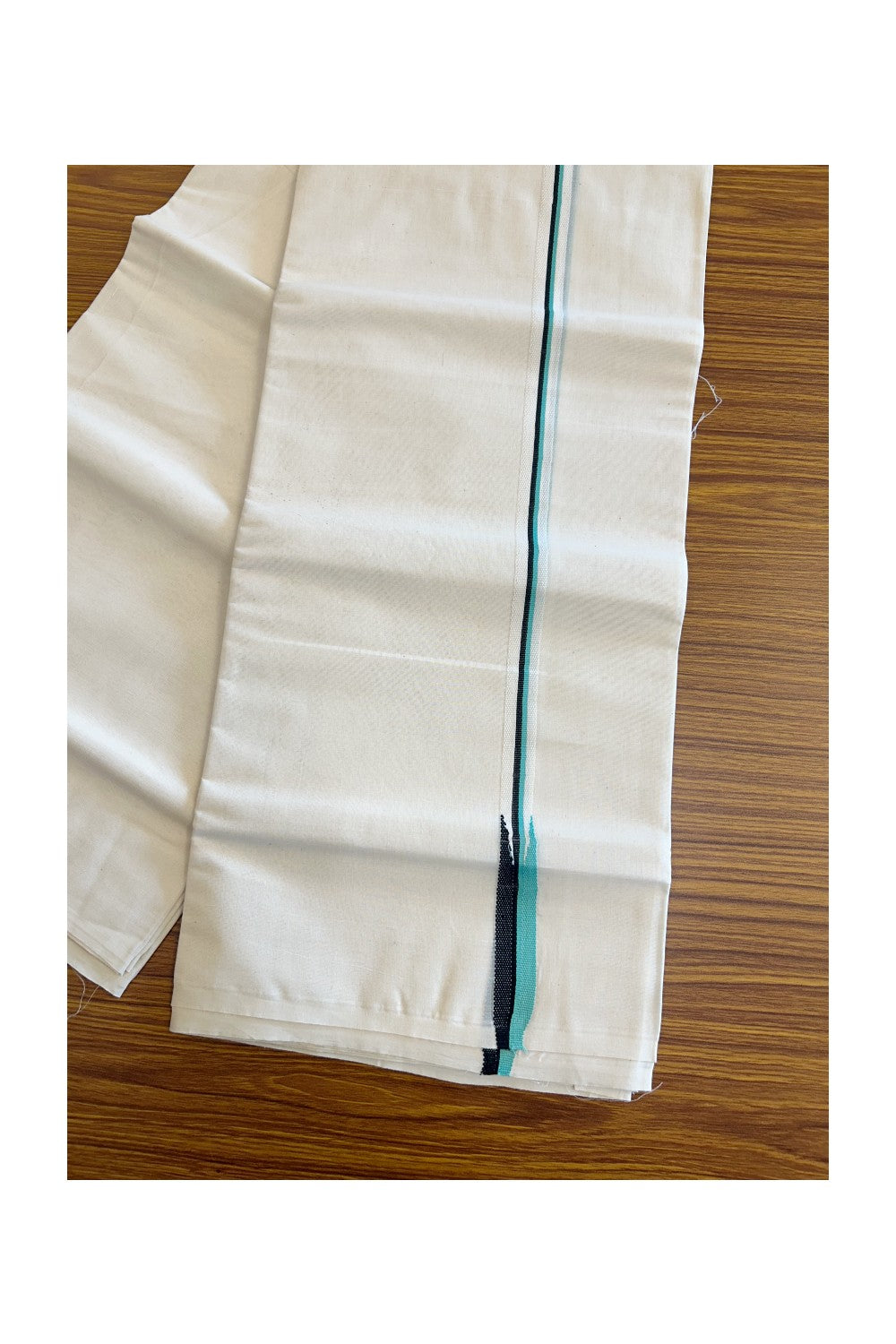 29% DISCOUNT! KaithariKada Balaramapuram 100% Cotton Double Off white - (Unbleached) Mundu/Dhoti-100x100  Puliyilakkara Turquoise Green & BLACK Chutty -  3KK125ASH