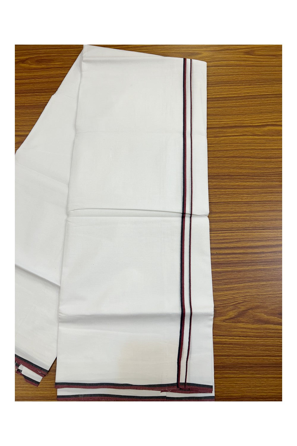 DMK Veshti - 45% DISCOUNT! KaithariKada 100% Cotton Pure white Double Mundu/Dhoti - 60s thread - 0.5 cm Black & Maroon kara - 40KK5143PMC
