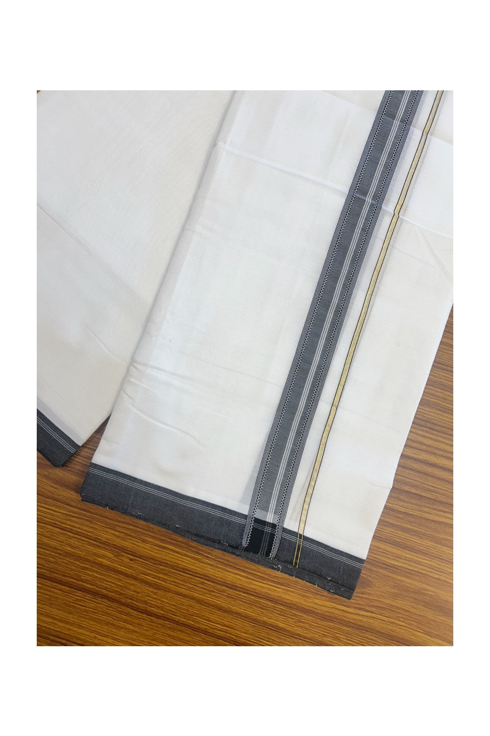 25% Discount! NEW ULTRA PURE WHITE HANDLOOM Balaramapuram - 100% Mercerised Cotton Double Mundu/Dhoti - 120(Twisted) x 80 - 3 cm Pure Kasavu Black shaded muthukuri & White stripes Kara 3.80 meter (8.5 Muzham) - 40KK5167REA