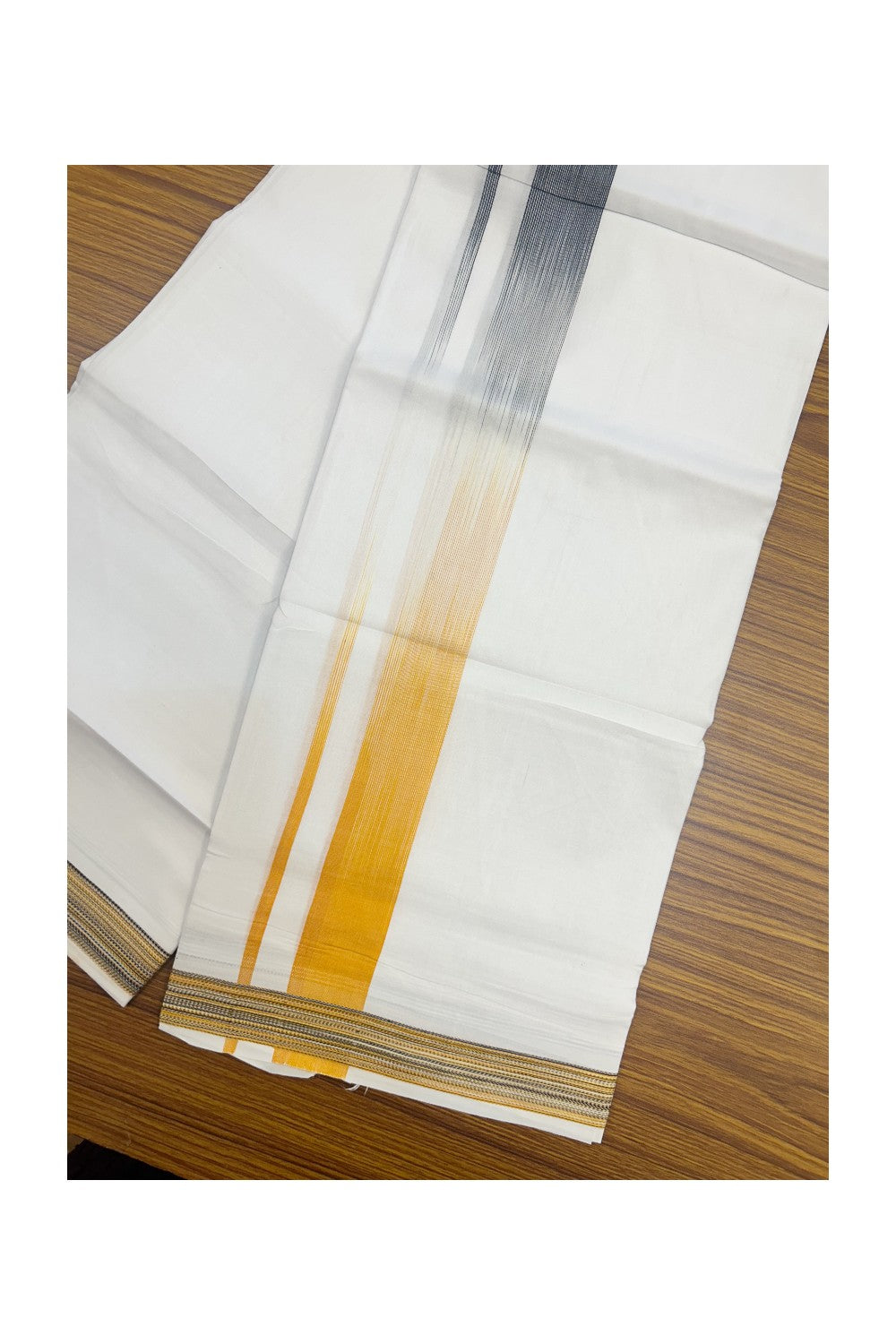 20% Discount!!! KaithariKada Balaramapuram Double PURE WHITE Mundu/Dhoti - 100X80 - 1.5 inch Black  & Orange Striped Designer Kara - 40KK5174THI