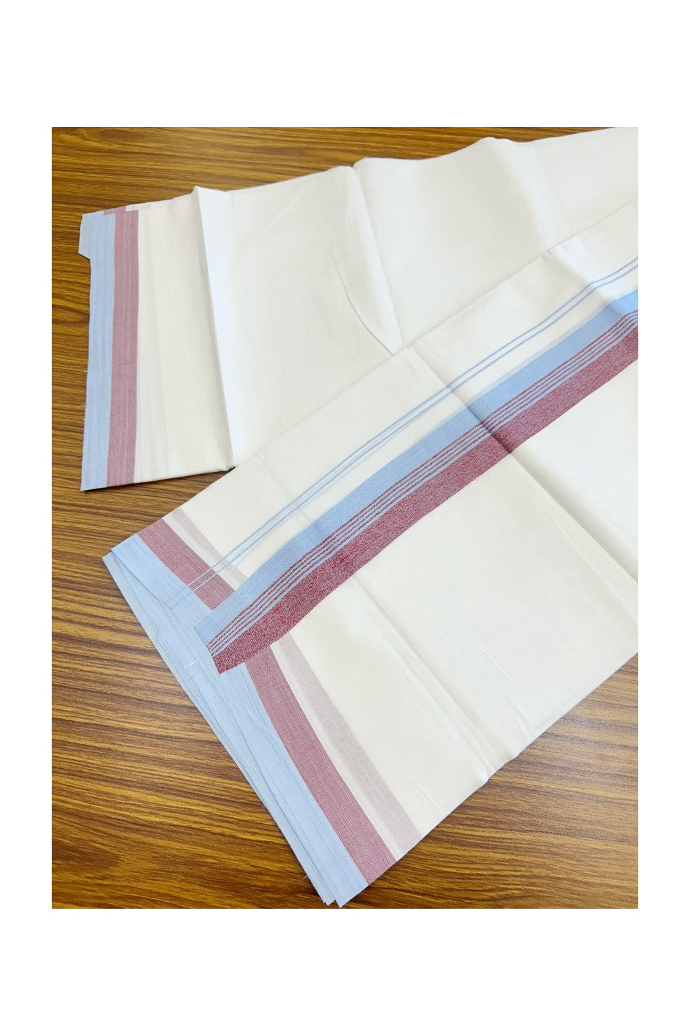 20% Discount ! Kaitharikada Balaramapuram 100% Cotton PURE WHITE Double Mundu/Dothi - 100x80 - 1.5 inch Sky Blue & Magenta Shaded Striped Kara - 40KK5182VAS