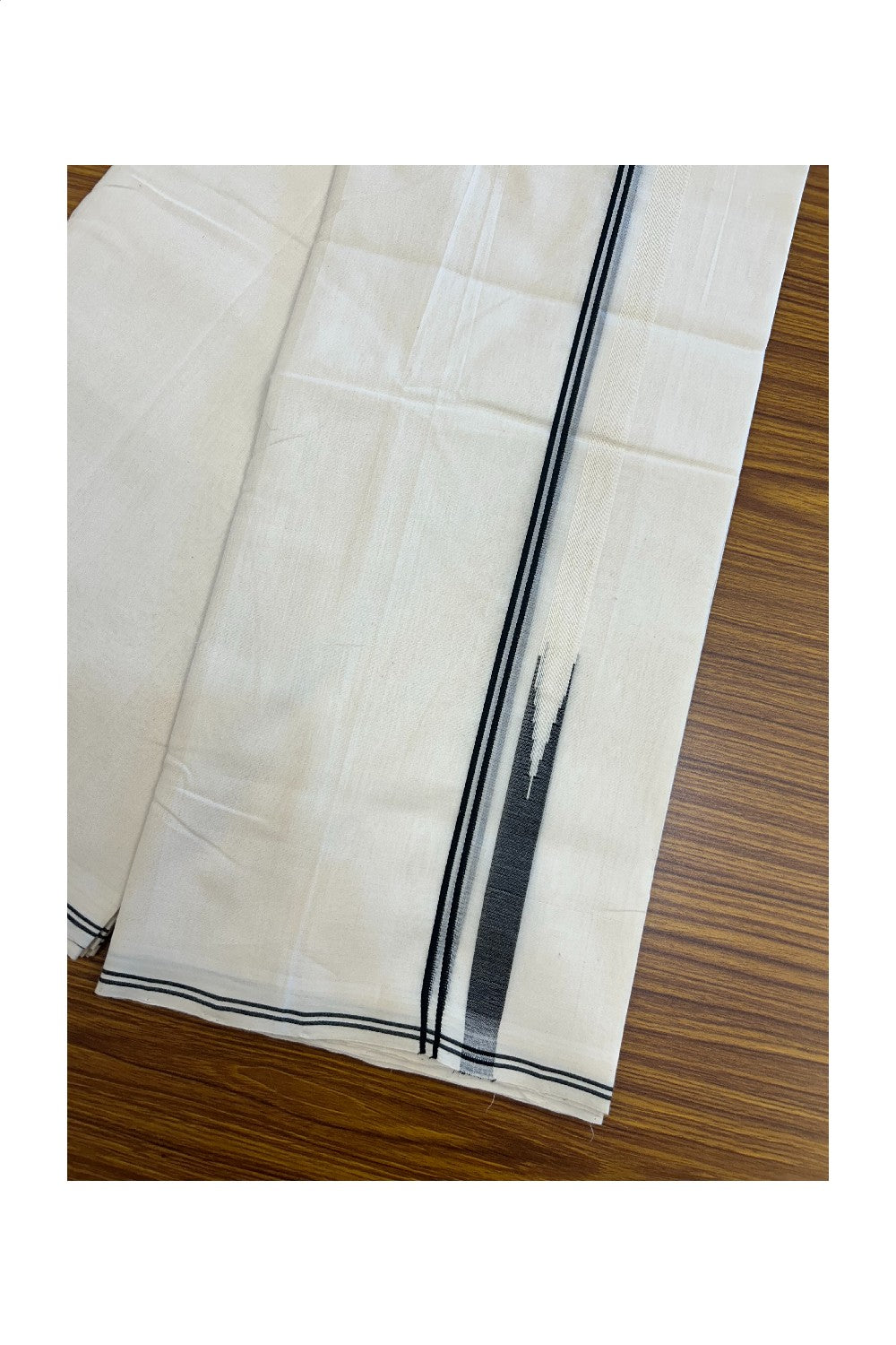 25% DISCOUNT!! KaithariKada HANDLOOM  UNAKKUPAAV Balaramapuram - 100% PURE Cotton OFF White - (Unbleached) Double Mundu/Dothi - 80X100 - 1 cm Black stripes Puliyilakkara Black chutty Kara 3.80 meter (8.5 Muzham) - 40KK5209 REA
