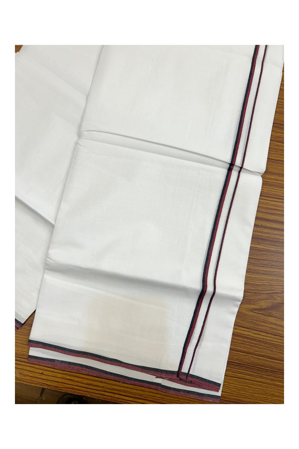 DMK Veshti - 45% DISCOUNT! KaithariKada 100% Cotton Pure white Double Mundu/Dhoti - 60s thread - 0.5 cm Black & Maroon kara - 40KK5143PMC