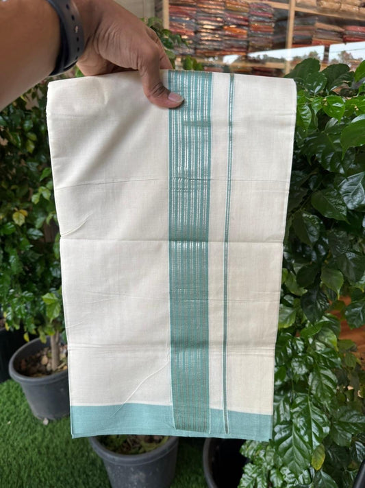 20% Discount! KaithariKada Balaramapuram 100% Cotton Off white Double Mundu/Dhoti - (100x80)S - 1.75 inch Light Sea Green & Silver Kasav Striped Kara - 4mtr (8.5muzham) - 81 KK5255 VAS
