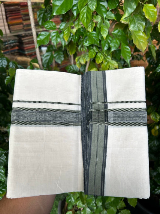 25% DISCOUNT!! KaithariKada HANDLOOM  UNAKKUPAAV Balaramapuram - 100% PURE Cotton OFF White - (Unbleached) Double Mundu/Dothi - 100 x 80 - 1 inch Black Green Shaded 3.80 meter (8.5 mulam) - 41 KK5249 REA