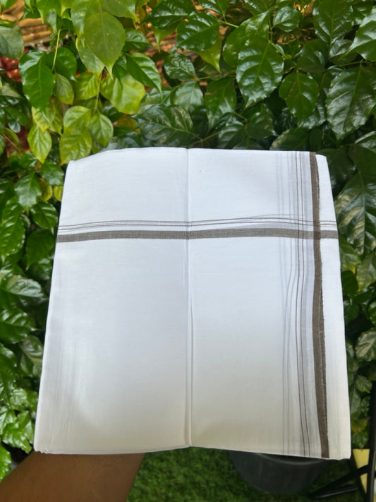 20% DISCOUNT!! NEW!! KaithariKada Balaramapuram 100% Cotton PURE WHITE Double Mundu/Dhoti - (100x80)s - 0.5 inch Brown Shaded - 41 KK5249 VIN