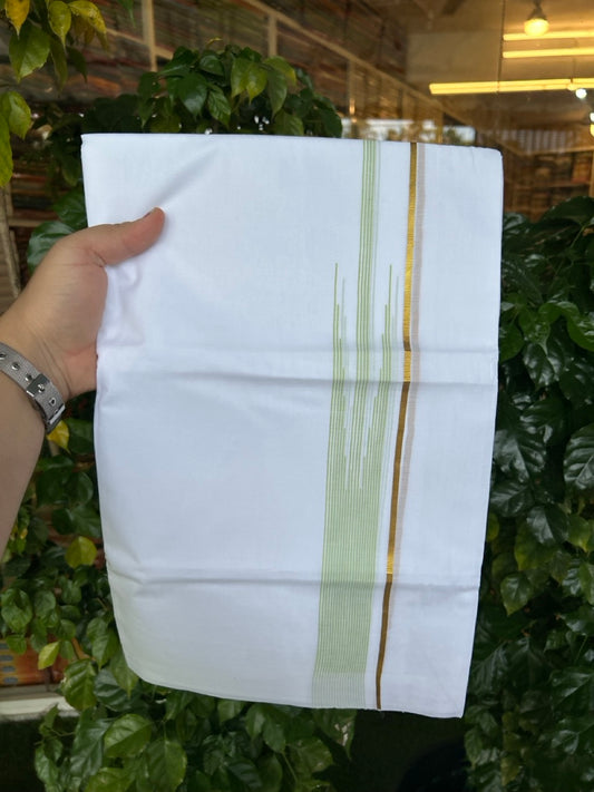 24% Discount! KaithariKada Balaramapuram 100% Cotton Pure white Double Mundu/Dhoti - (100x80)s - 1.5 inch Puliyilakkara Fluorescent Green Stripes Chutty Gold Kasav - 41 KK5258 THI