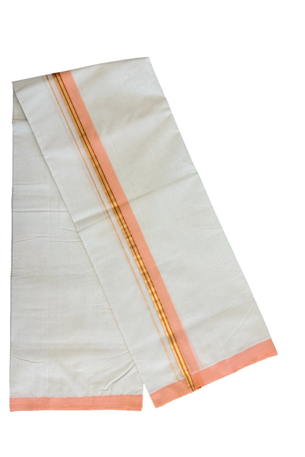 25% DISCOUNT!! KaithariKada HANDLOOM Millpaav Balaramapuram - 100% PURE Cotton OFF White - (Unbleached) Double Mundu/Dothi - 1.75 Orange Gold Kasavu & Copper Stripes Kara - 41KK5029RAM