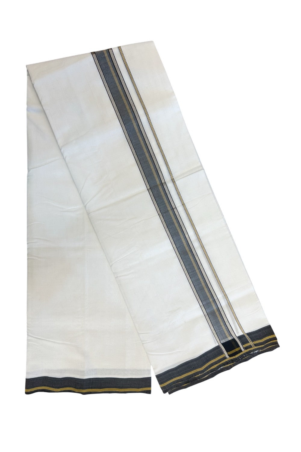 25% Discount! NEW ULTRA PURE WHITE HANDLOOM Balaramapuram - 100% Mercerised Cotton Double Mundu/Dhoti - 120(Twisted) x 80 - 1.5 inch Silver Kasavu Black shaded & Mustard Yellow stripes Kara - 38KK5167REA