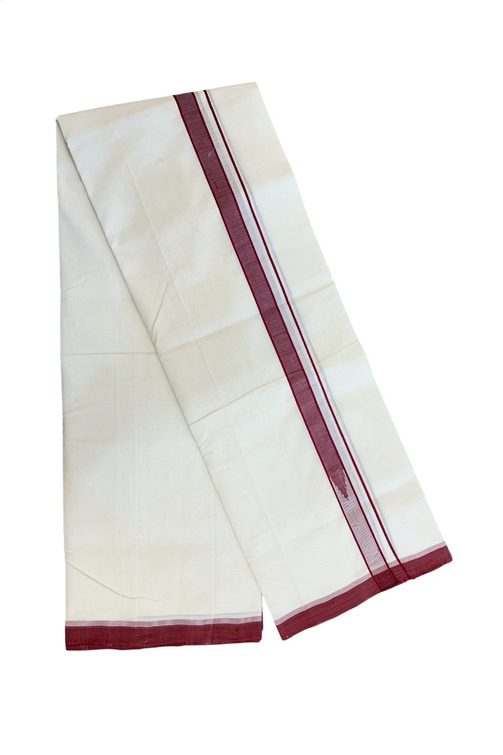 25% DISCOUNT!! KaithariKada HANDLOOM  UNAKKUPAAV Balaramapuram - 100% PURE Cotton OFF White - (Unbleached) Double Mundu/Dothi - 80X100 - 1 inch Puliyilakkara Reddish Maroon chutty Kara 3.80 meter (8.5 Muzham) - 41KK5209 REA