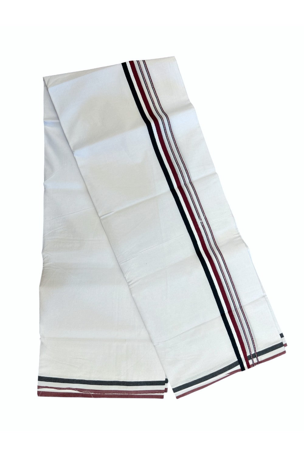 ADMK VESHTI - 20% DISCOUNT! KaithariKada 100% Cotton PURE WHITE Double Mundu/Dhoti - 100X100 - 1 inch Black White & Maroon stripes kara 4 mtr (8.5 muzham) - 39KK5224 ASH