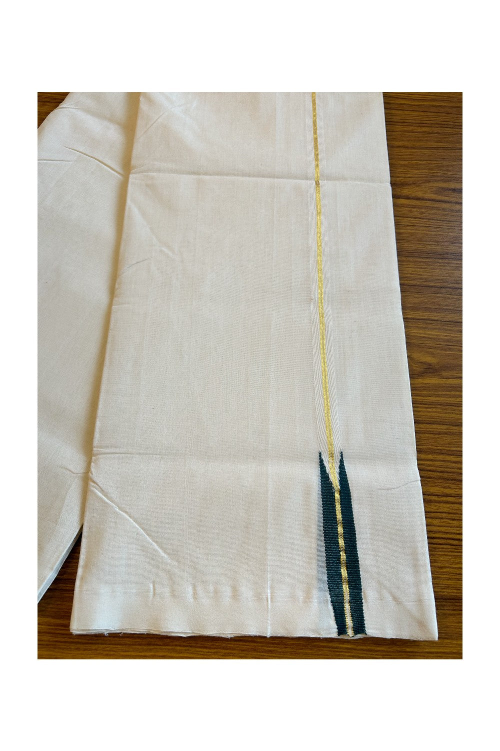 30% Discount KaithariKada HANDLOOM UNAKKUPAAV Balaramapuram - 100% PURE Cotton off white (Unbleached) Double Mundu/Dhoti -  Puliyilakkara 1.5 cm Kasavu & Dark green Chutty - 41KK456KK