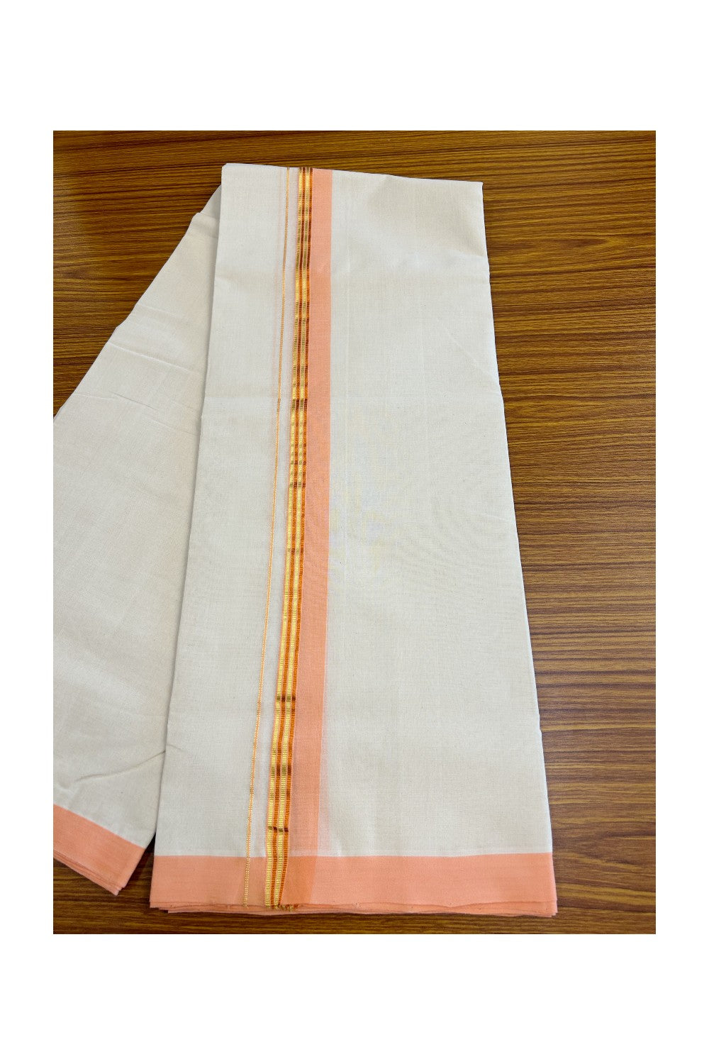 25% DISCOUNT!! KaithariKada HANDLOOM Millpaav Balaramapuram - 100% PURE Cotton OFF White - (Unbleached) Double Mundu/Dothi - 1.75 Orange Gold Kasavu & Copper Stripes Kara - 41KK5029RAM