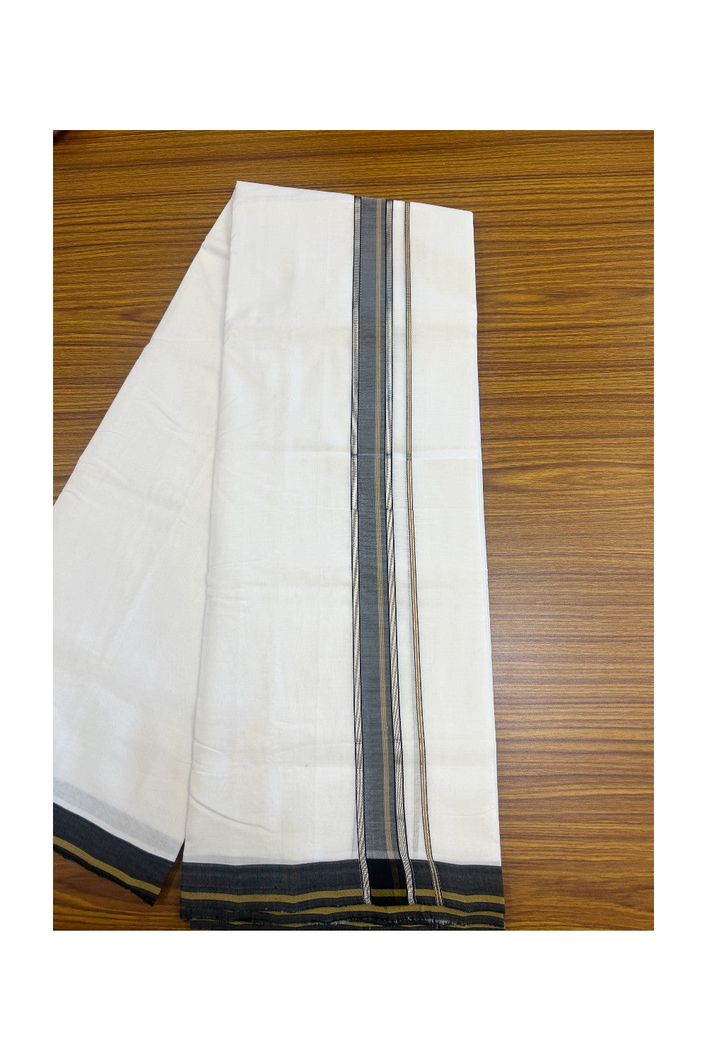 25% Discount! NEW ULTRA PURE WHITE HANDLOOM Balaramapuram - 100% Mercerised Cotton Double Mundu/Dhoti - 120(Twisted) x 80 - 1.5 inch Silver Kasavu Black shaded & Mustard Yellow stripes Kara - 38KK5167REA