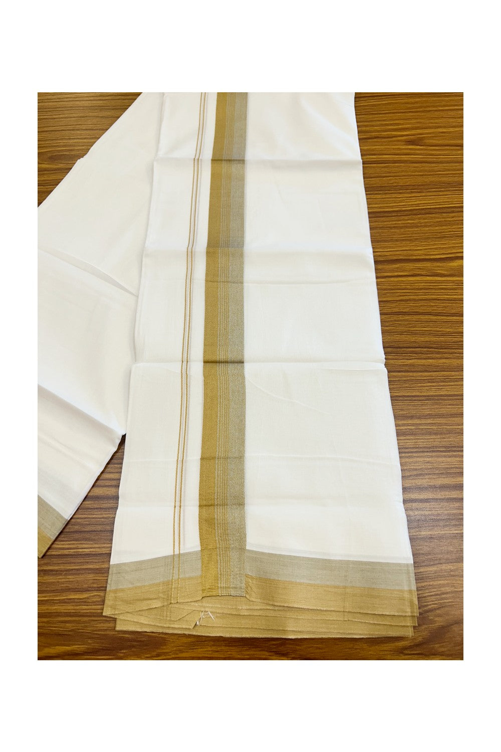 20% Discount ! Kaitharikada Balaramapuram 100% Cotton PURE WHITE Double Mundu/Dothi - 100x80 - 1.5 inch Peanut Brown & Grey Shaded Striped Kara - 41KK5182VAS