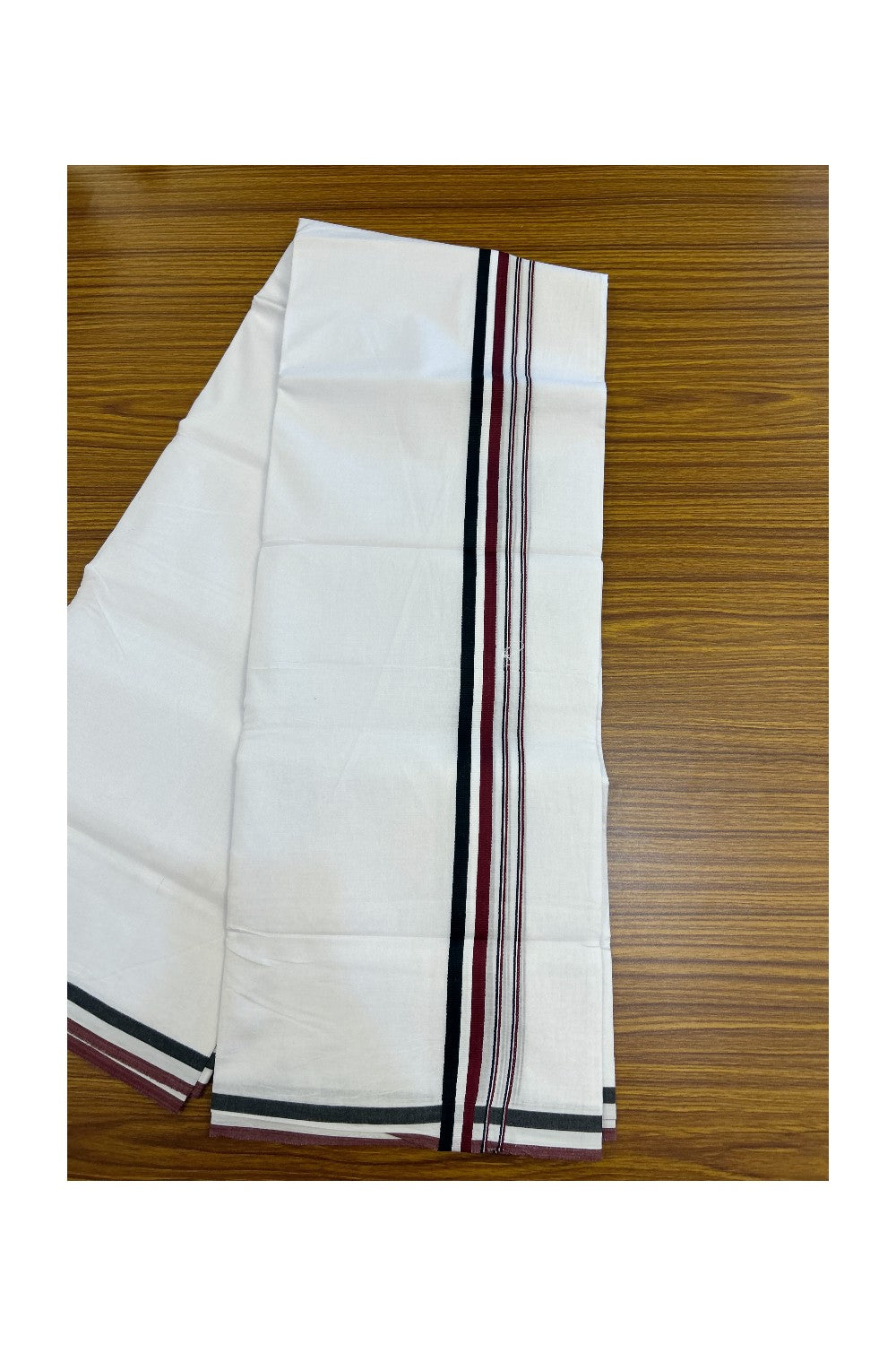 ADMK VESHTI - 20% DISCOUNT! KaithariKada 100% Cotton PURE WHITE Double Mundu/Dhoti - 100X100 - 1 inch Black White & Maroon stripes kara 4 mtr (8.5 muzham) - 39KK5224 ASH