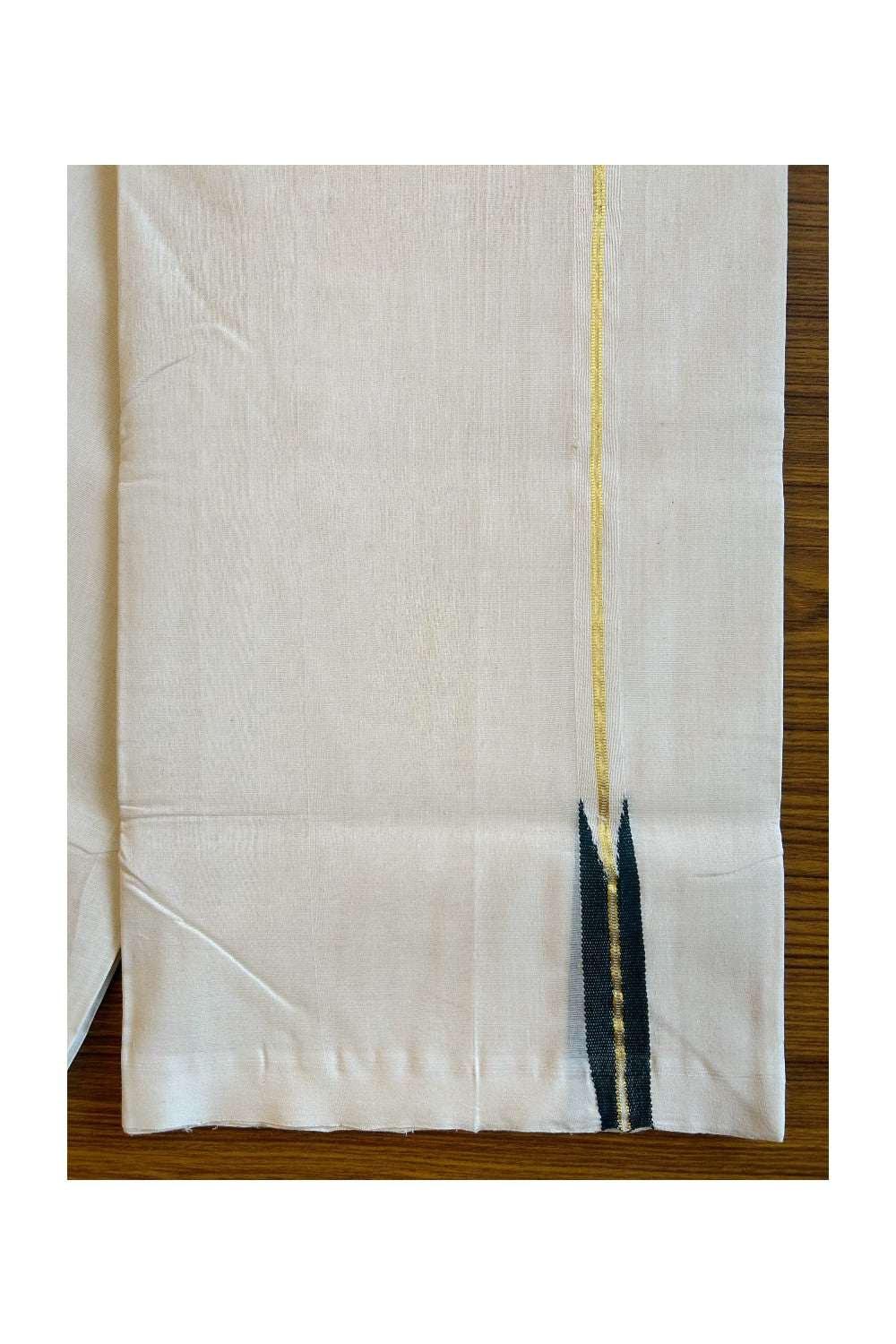 30% Discount KaithariKada HANDLOOM UNAKKUPAAV Balaramapuram - 100% PURE Cotton off white (Unbleached) Double Mundu/Dhoti -  Puliyilakkara 1.5 cm Kasavu & Dark green Chutty - 41KK456KK