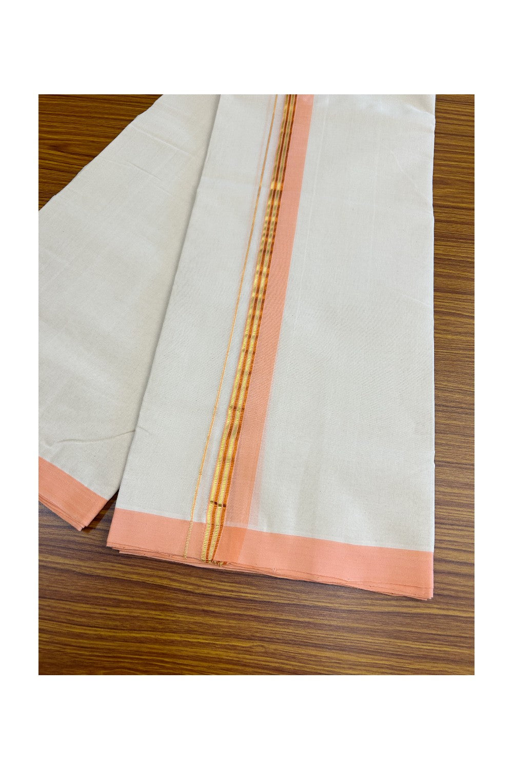 25% DISCOUNT!! KaithariKada HANDLOOM Millpaav Balaramapuram - 100% PURE Cotton OFF White - (Unbleached) Double Mundu/Dothi - 1.75 Orange Gold Kasavu & Copper Stripes Kara - 41KK5029RAM