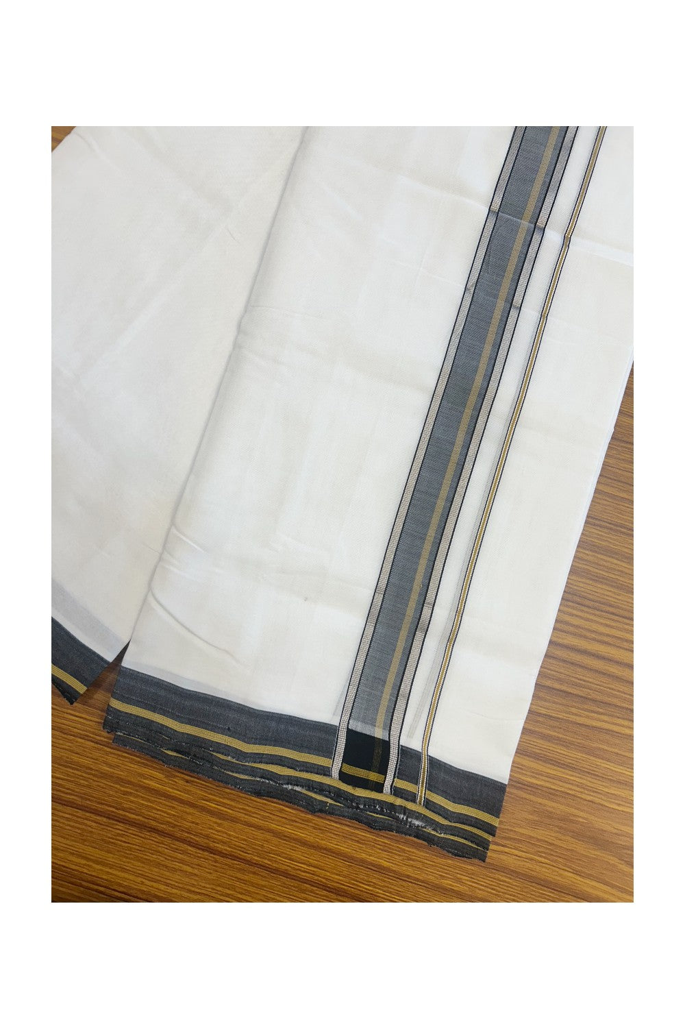 25% Discount! NEW ULTRA PURE WHITE HANDLOOM Balaramapuram - 100% Mercerised Cotton Double Mundu/Dhoti - 120(Twisted) x 80 - 1.5 inch Silver Kasavu Black shaded & Mustard Yellow stripes Kara - 38KK5167REA