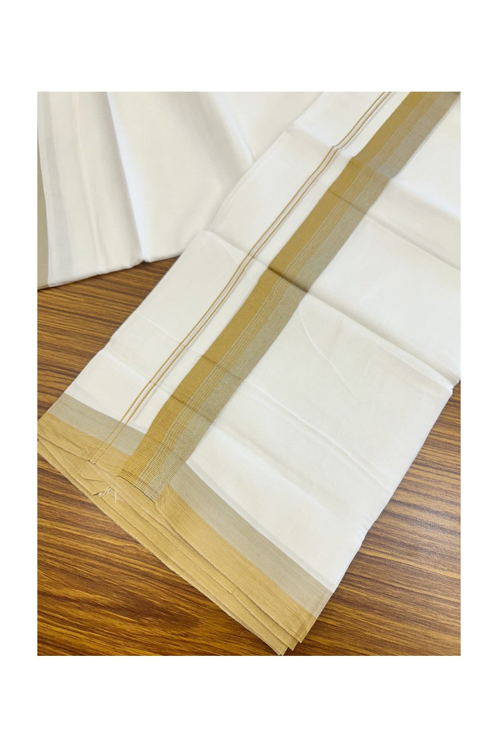 20% Discount ! Kaitharikada Balaramapuram 100% Cotton PURE WHITE Double Mundu/Dothi - 100x80 - 1.5 inch Peanut Brown & Grey Shaded Striped Kara - 41KK5182VAS