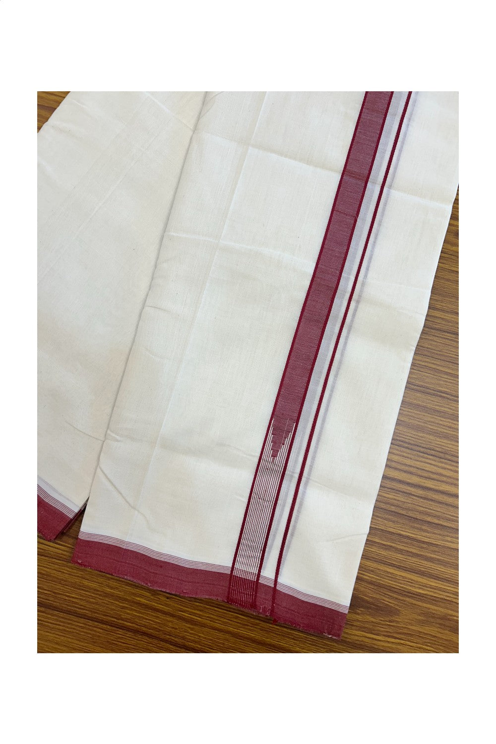 25% DISCOUNT!! KaithariKada HANDLOOM  UNAKKUPAAV Balaramapuram - 100% PURE Cotton OFF White - (Unbleached) Double Mundu/Dothi - 80X100 - 1 inch Puliyilakkara Reddish Maroon chutty Kara 3.80 meter (8.5 Muzham) - 41KK5209 REA
