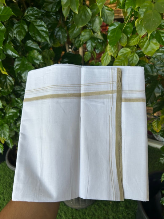 20% DISCOUNT!! NEW!! KaithariKada Balaramapuram 100% Cotton PURE WHITE Double Mundu/Dhoti - (100x80)s - 0.5 inch Mustard Yellow Shaded - 42 KK5249 VIN