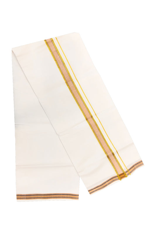 30% OFFER! KaithariKada 100% Cotton Balaramapuram HANDLOOM Single PURE WHITE Mundu/Dhoti - 1.75 inch (2 meter / 4 muzham) Light Brown Kasavu Kara & Stripes  - 42KAI.