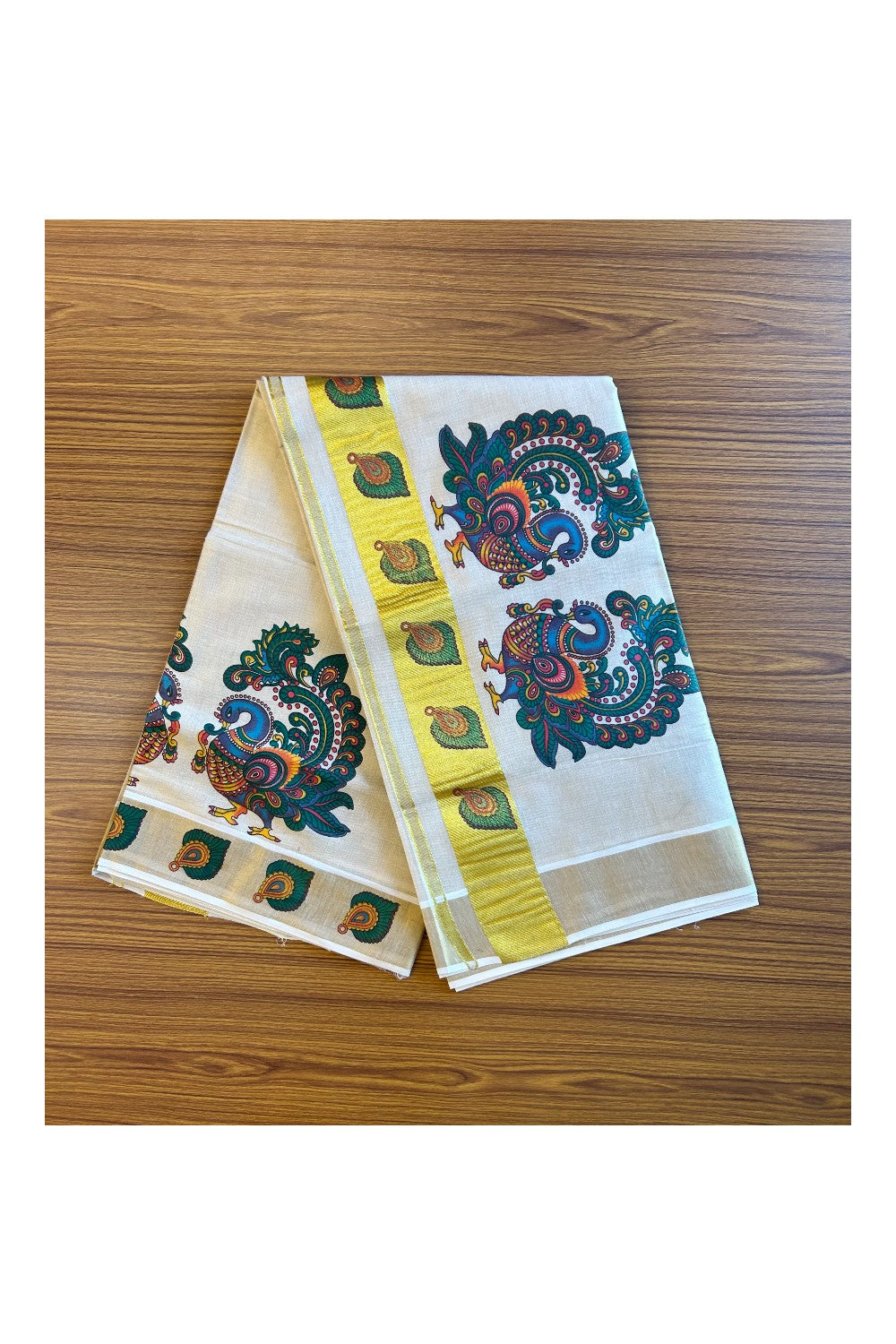 25% Discount!! Kaitharikada Kerala Cotton 24 inch Gold & Red Green Peacock Mural Printed Design Tissue Kasavu Saree - 42KK303VIN