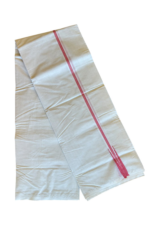 10% Discount ! KaithariKada Balaramapuram 100% Cotton Double Off white - (Unbleached) Mundu/Dhoti-100x100 Puliyilakkara 2.cm Chutty Pink Red Striped kara - 42KK500KK