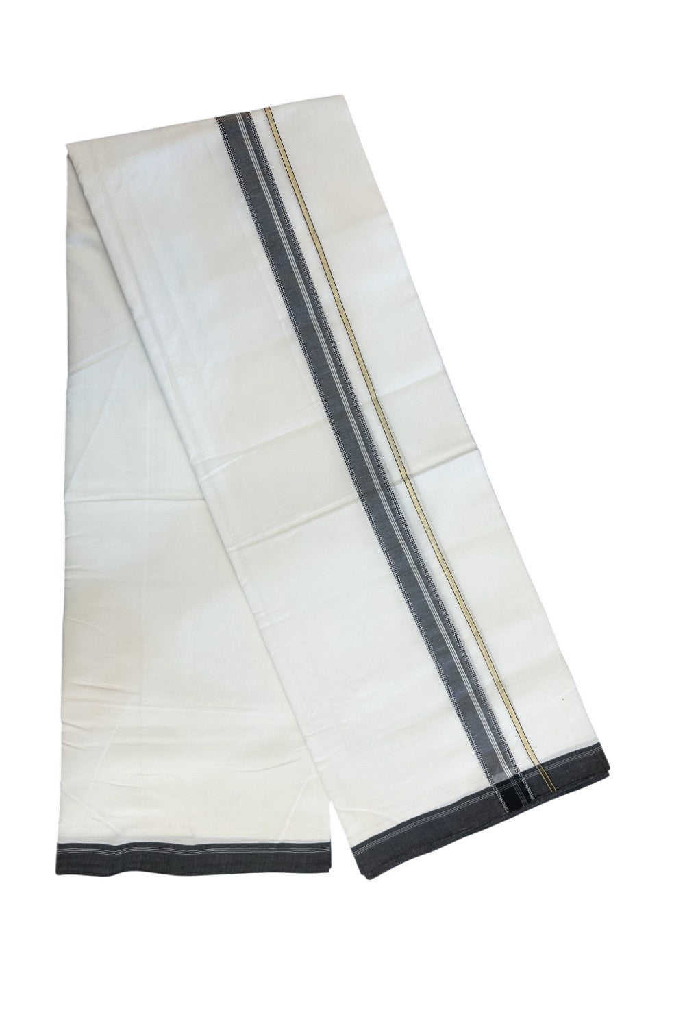 25% Discount! NEW ULTRA PURE WHITE HANDLOOM Balaramapuram - 100% Mercerised Cotton Double Mundu/Dhoti - 120(Twisted) x 80 - 1 inch Pure Kasavu Black shaded muthukuri & White stripes Kara 3.80 meter (8.5 Muzham) - 39KK5167REA