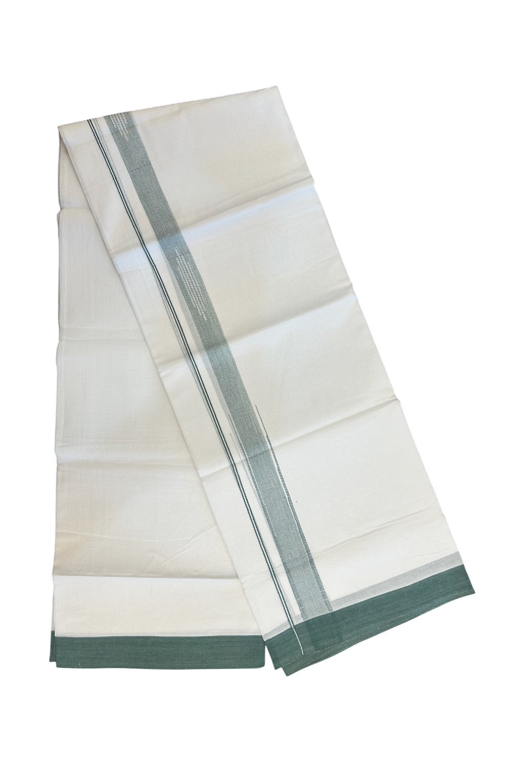 27% DISCOUNT!!! KaithariKada Balaramapuram 100% Cotton Double PURE white Mundu/Dhoti - 80X80 - 1.25 Inch Green shaded Centre stripes Putta Chutty kara - 42KK5074THI