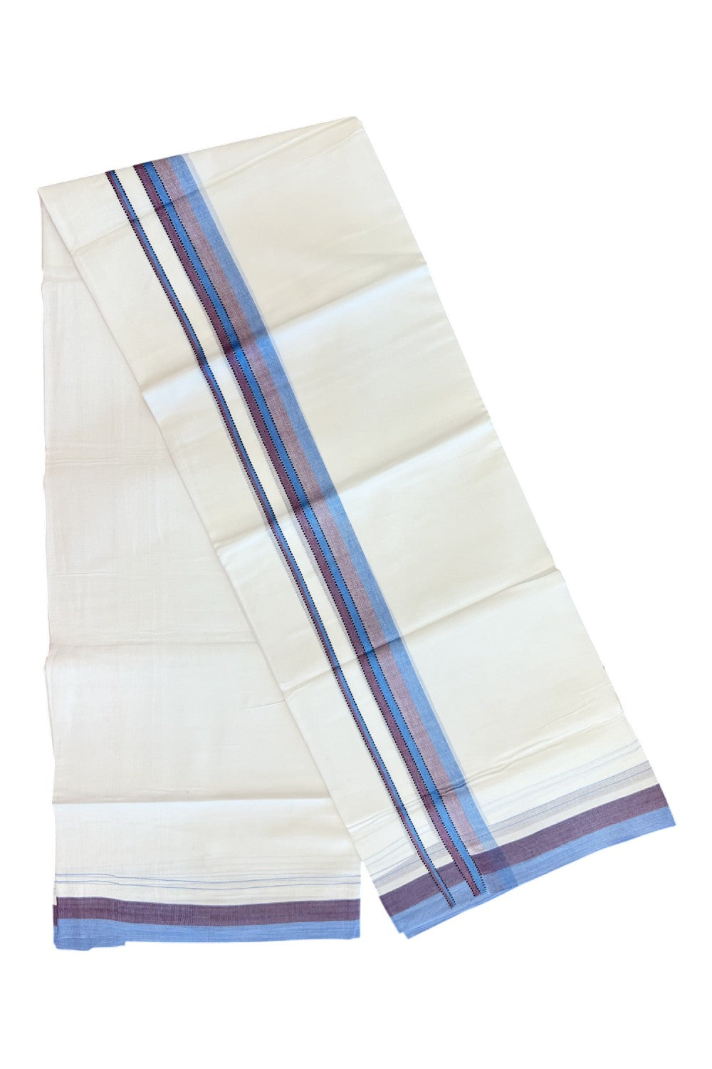 20% Discount ! Kaitharikada Balaramapuram 100% Cotton PURE WHITE Double Mundu/Dothi - 100x80 - 1.5 inch Light Blue & Purple Shaded Striped Kara - 42KK5182VAS