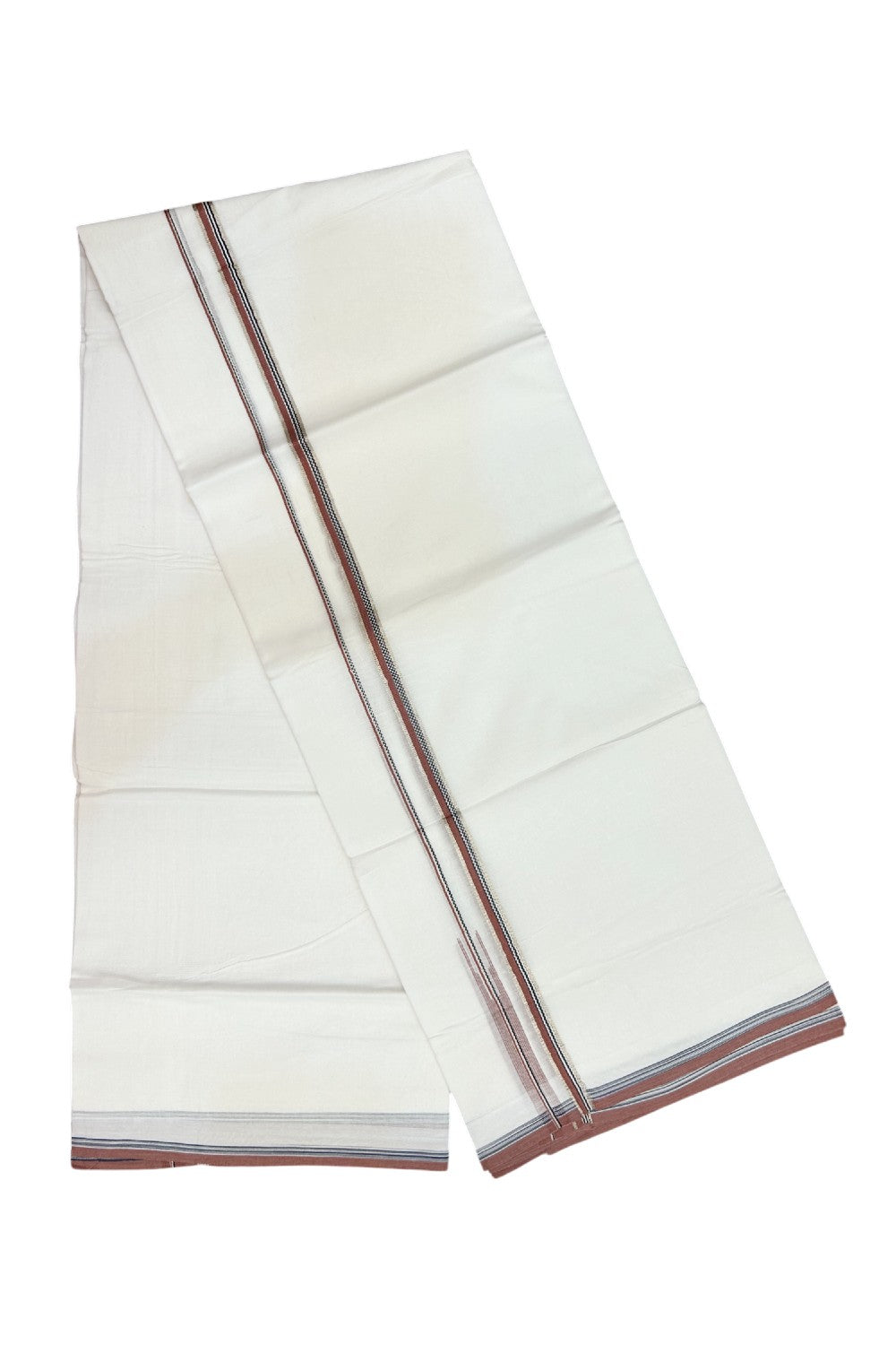 20% Discount !! Kaitharikada Balaramapuram 100% Cotton PURE WHITE DOUBLE Mundu/Dothi- 100X80 Thread - 0.5 inch - Silver Kasavu Brown & Black Design Chutty Kara - 42KK5191CKS