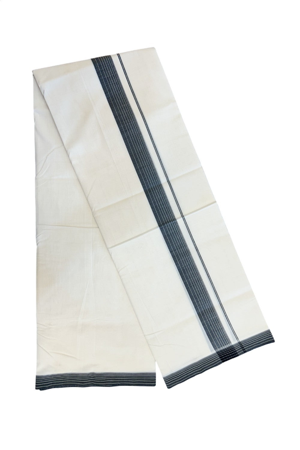 25% DISCOUNT!! KaithariKada HANDLOOM  UNAKKUPAAV Balaramapuram - 100% PURE Cotton OFF White - (Unbleached) Double Mundu/Dothi - 80X100 - 1.5 inch Black Striped Kara 3.80 meter (8.5 Muzham) - 42KK5209 REA