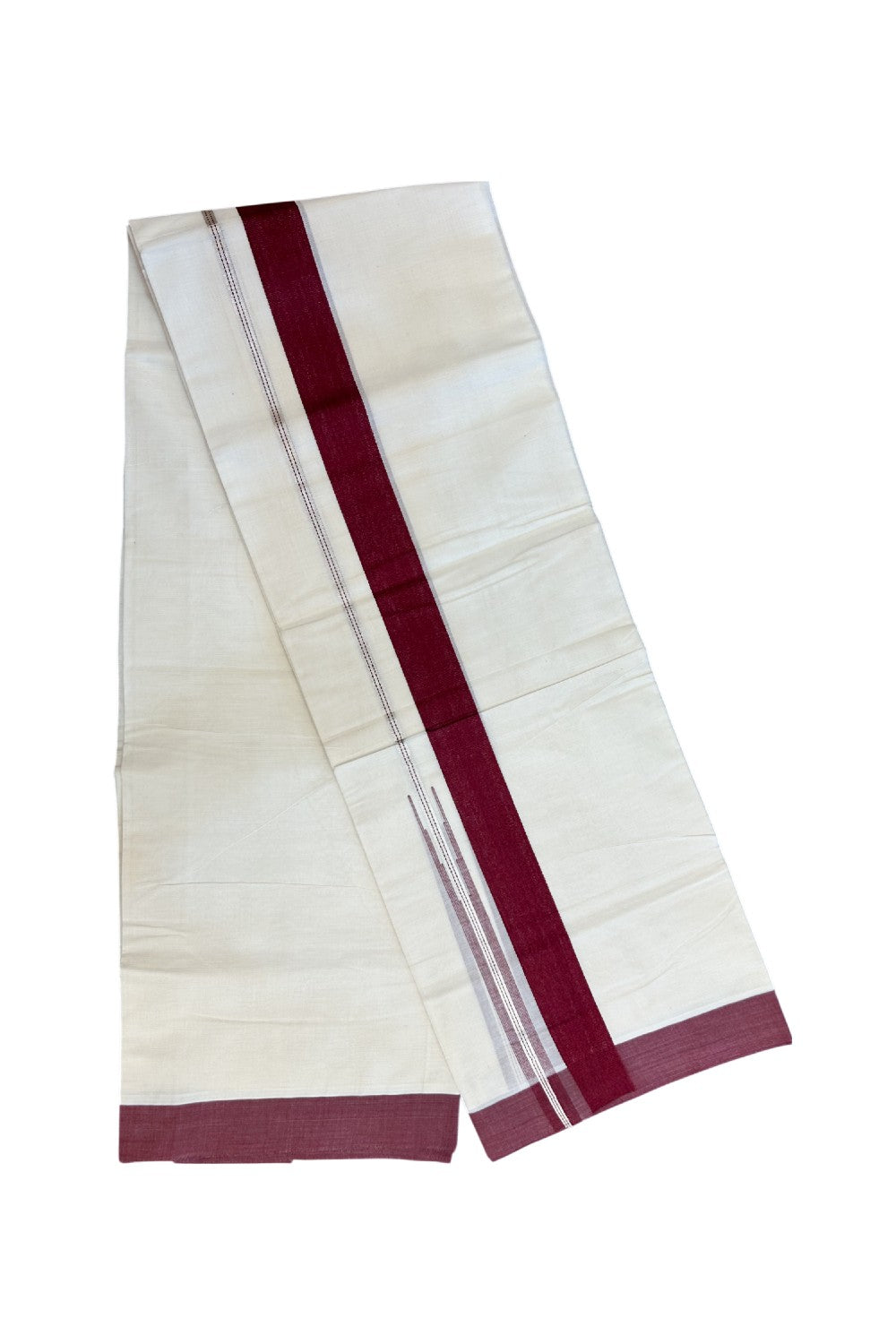 20% Discount ! KaithariKada Balaramapuram 100% Cotton Double OFF WHITE - (Unbleached) - Mundu / Dhoti- 100x80 - Puliyilakkara 1.5 inch Silver kasavu Maroon striped chutty - 42KK5213 VIN