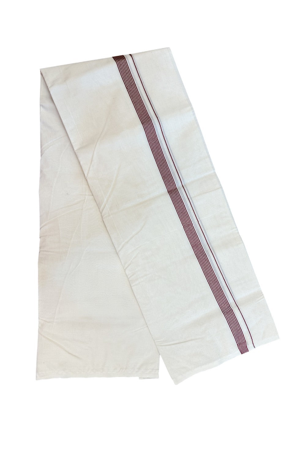 NEW !! 20% DISCOUNT!! KaithariKada Balaramapuram 100% Cotton Double Off white - (Unbleached) Mundu/Dhoti-100x80 - 0.75 inch Silver Kasavu & Maroon Striped KARA - 3.75 mtr (8 Muzham) - 42KK5218 ASH