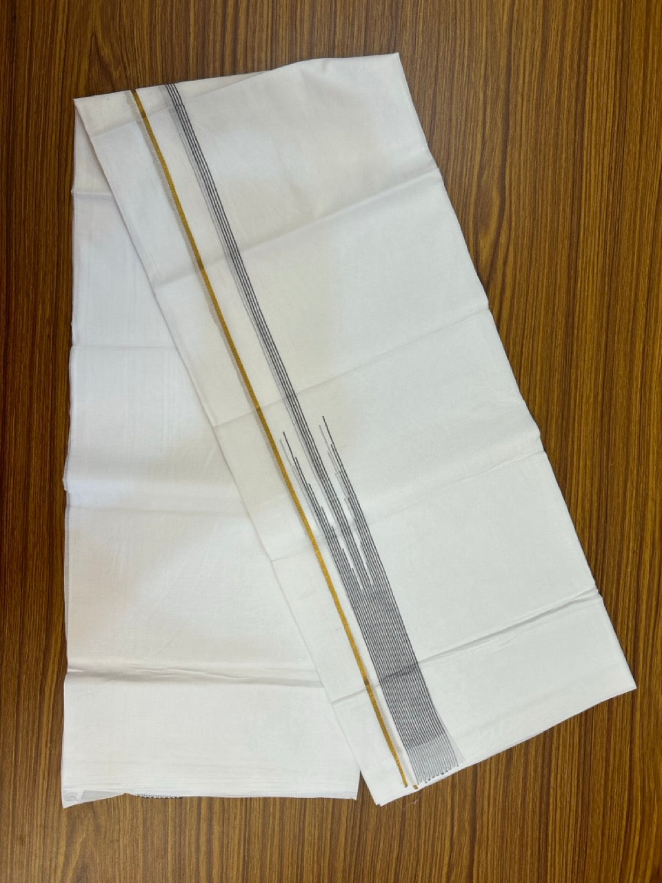24% Discount! KaithariKada Balaramapuram 100% Cotton Pure white Double Mundu/Dhoti - (100x80)s - 1.5 inch Puliyilakkara Dark Brown Stripes Chutty Gold Kasav - 42 KK5258 THI