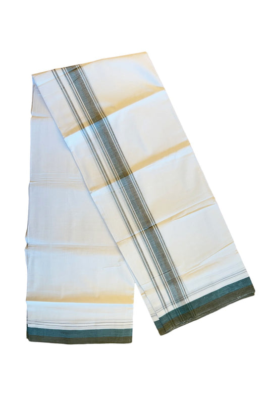 19% DISCOUNT!!! KaithariKada Balaramapuram 100% Cotton Double PURE white Mundu/Dhoti-100x100   2.25 Inch Peacock green & dark olive green stripes  kara  - 42KK83VIN